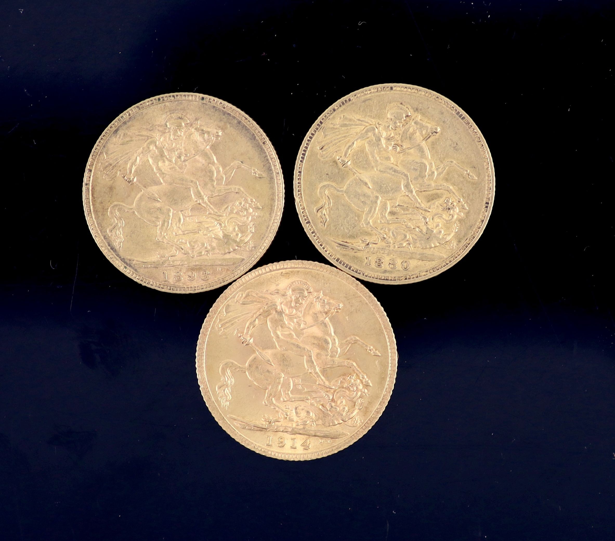 Three gold sovereigns, Victoria 1880M, good F and 1893, VF and George V 1914, edge nicks otherwise AEF